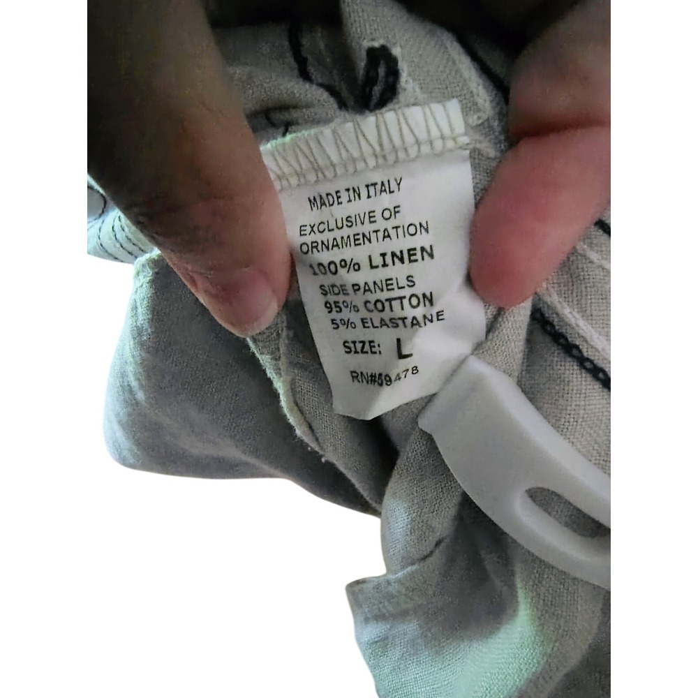 Made in Italy Linen Embroidered Swirl Shift Dress with Pockets Navy Beige L - Picture 8 of 10